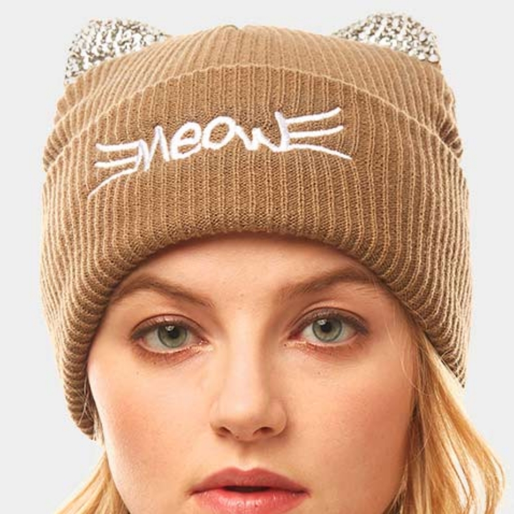 Taupe Crystal MEOW Cat Ear Whiskers Winter Beanie